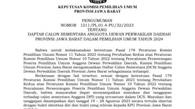 KPU Jabar Umumkan 54 Calon Sementara Anggota DPD Provinsi Jawa Barat, Cek Daftar Lengkapnya Disini!